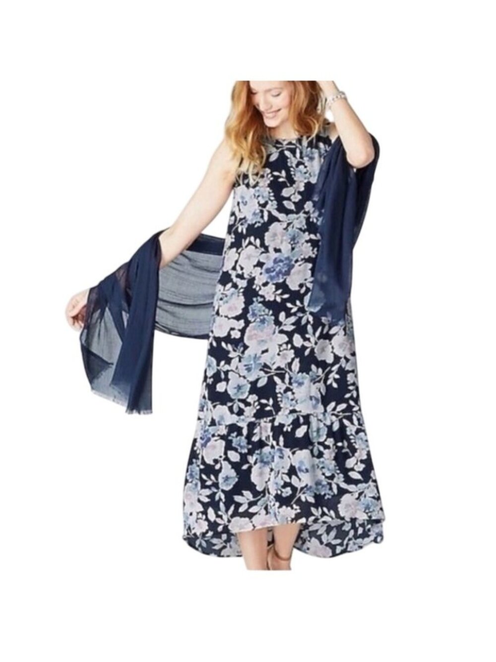 J. Jill Sleeveless Maxi Dress Womens M Navy Blue Floral Crewneck 100% Rayon - Picture 3 of 16